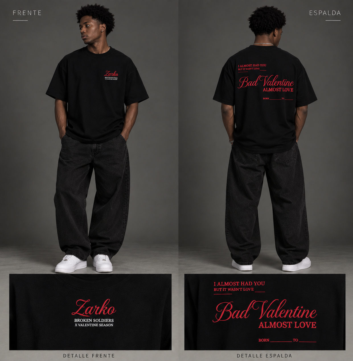 Camiseta negra Zarko ALMOST LOVE, vista frontal y trasera