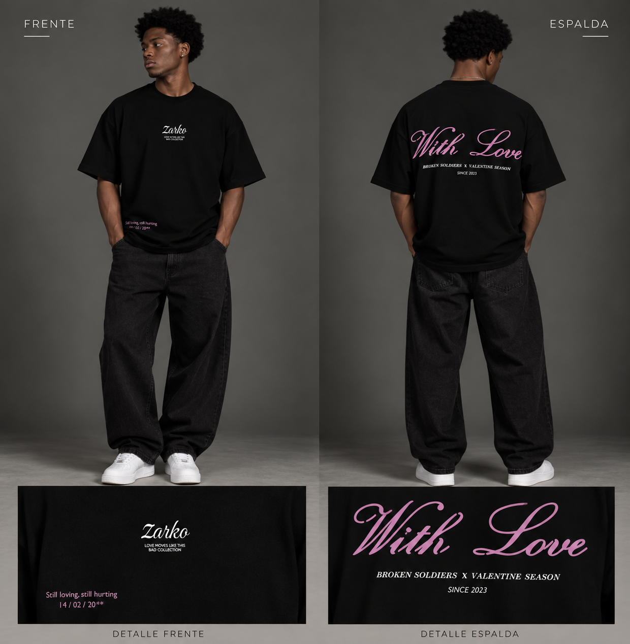 Camiseta negra Zarko WITH LOVE, vista frontal y trasera