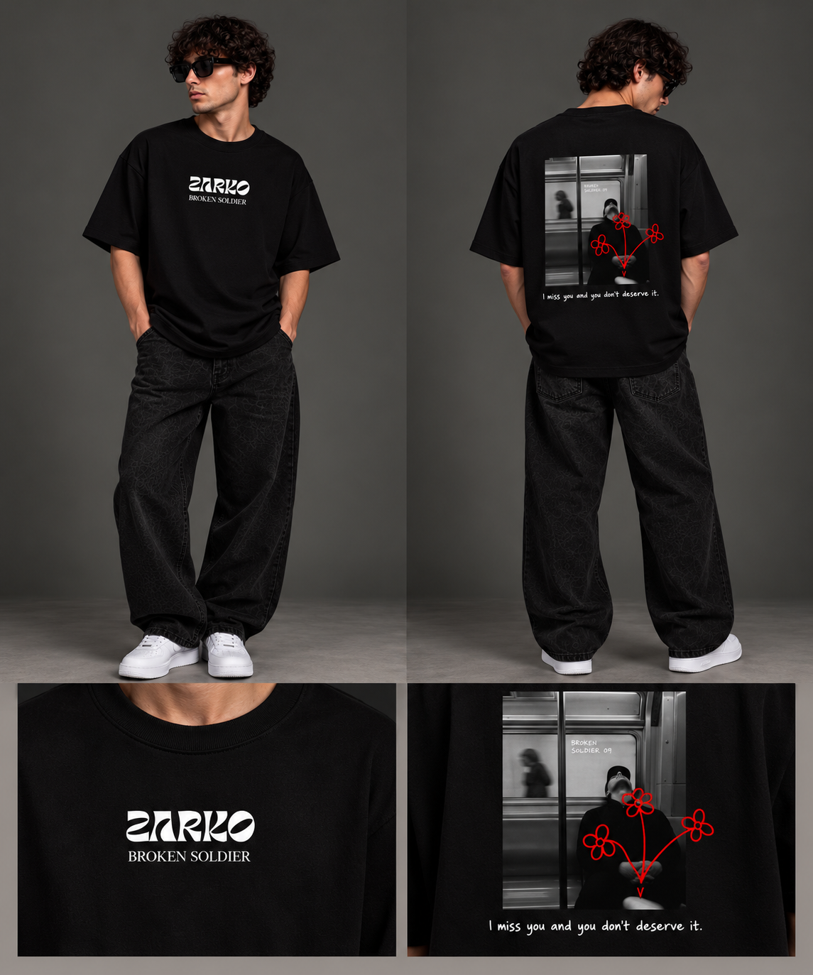 Camiseta negra Zarko DESERVE IT, vista frontal y trasera