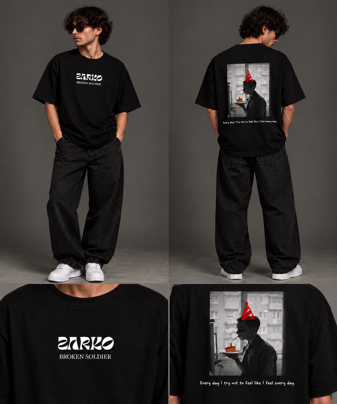 Camiseta negra Zarko EVERY DAY, vista frontal y trasera