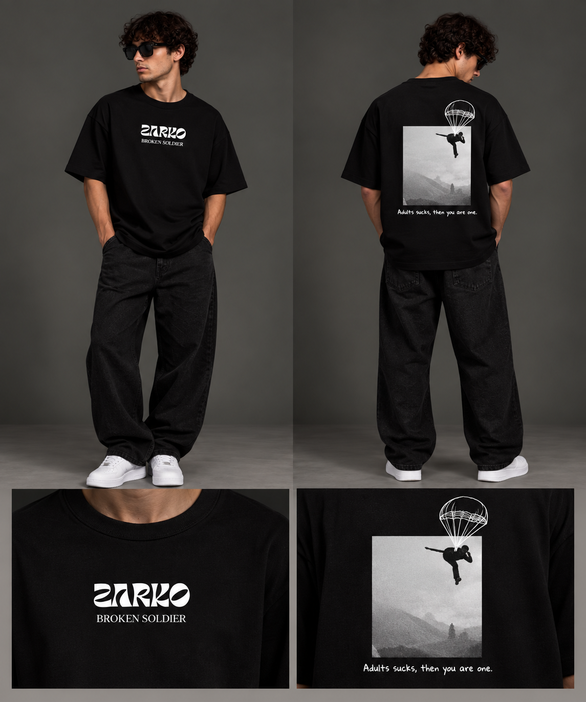 Camiseta negra Zarko FREEFALL, vista frontal y trasera