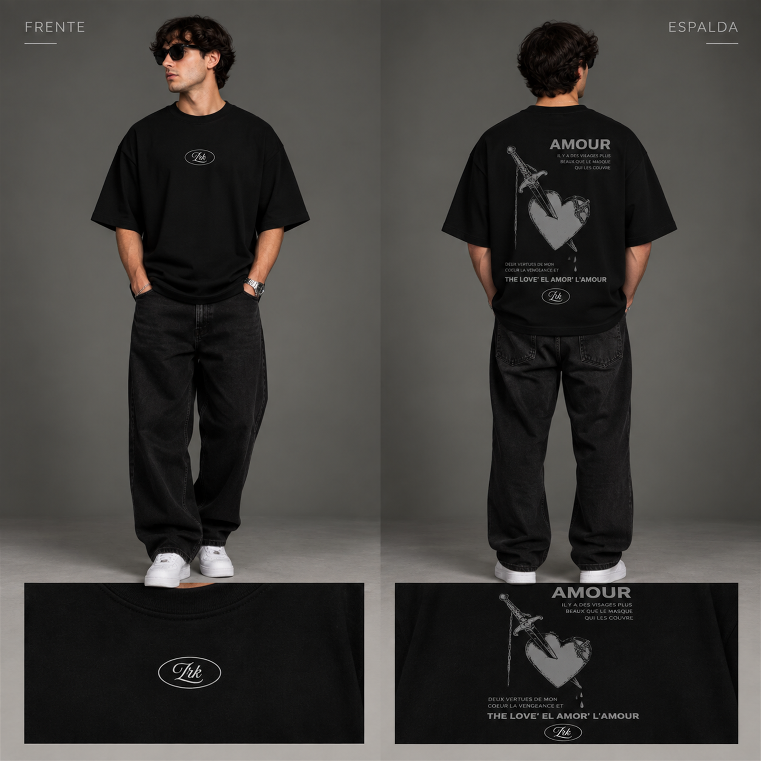 Camiseta negra Zarko AMOUR, vista frontal y trasera