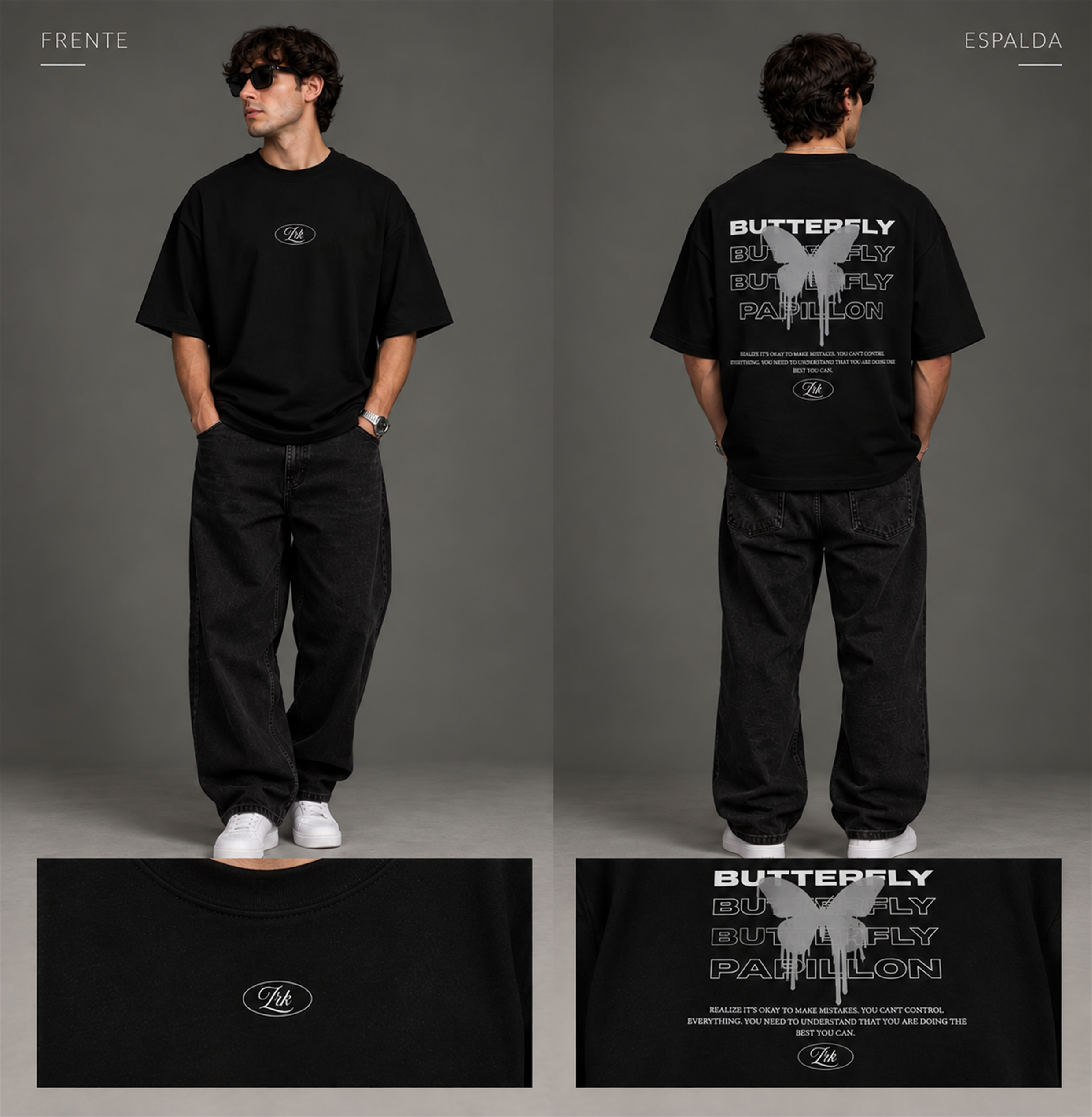 Camiseta negra Zarko BUTTERFLY, vista frontal y trasera