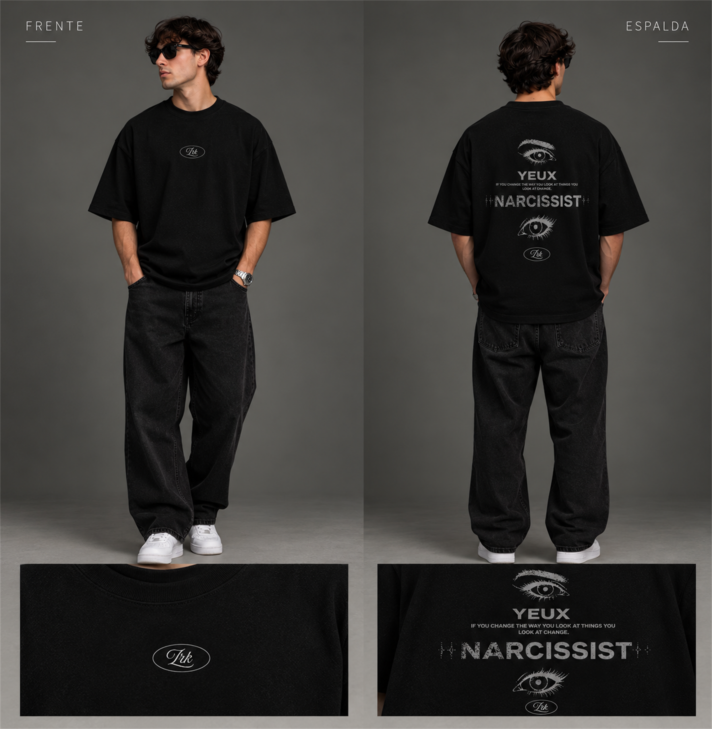 Camiseta negra Zarko YEUX, vista frontal y trasera